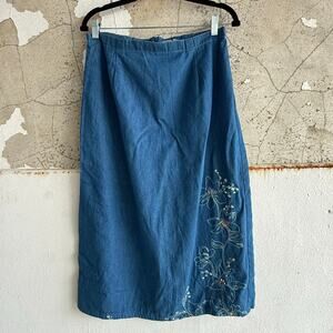 Vintage Denim Midi Skirt Floral Embroidered Cotton Size 12 Cottagecore Prairie